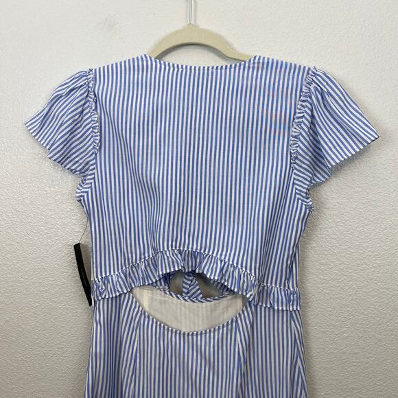 Lulus Seaport Blue & White Stripe Tie Front 100% Rayon Mini Dress - S - Picture 7 of 10